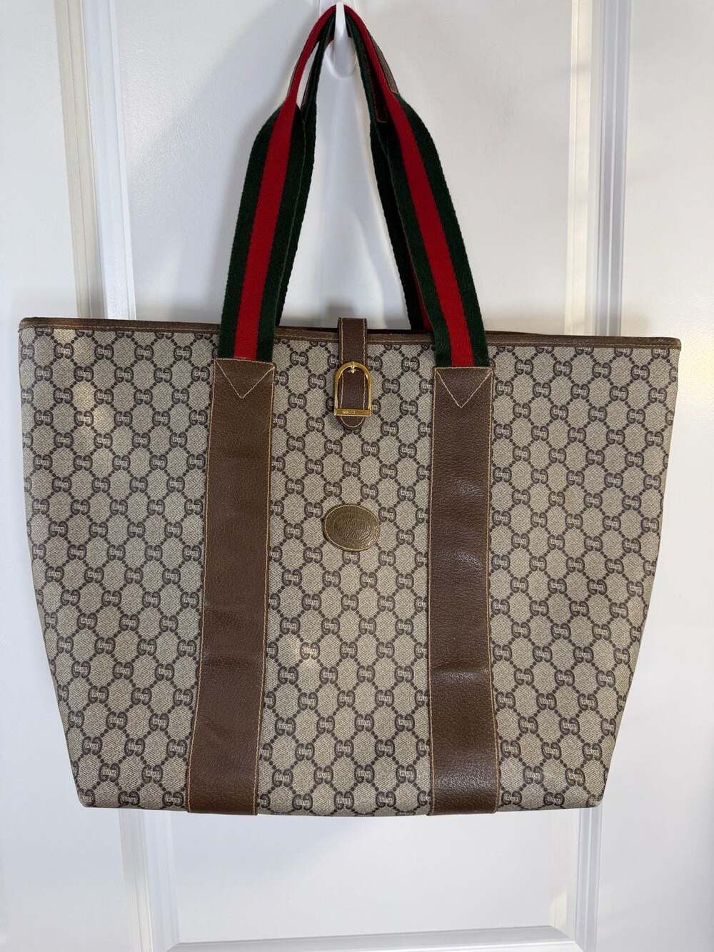 Authentic Vintage Gucci Plus GG Monogram Sherry Line Web Tote Bag